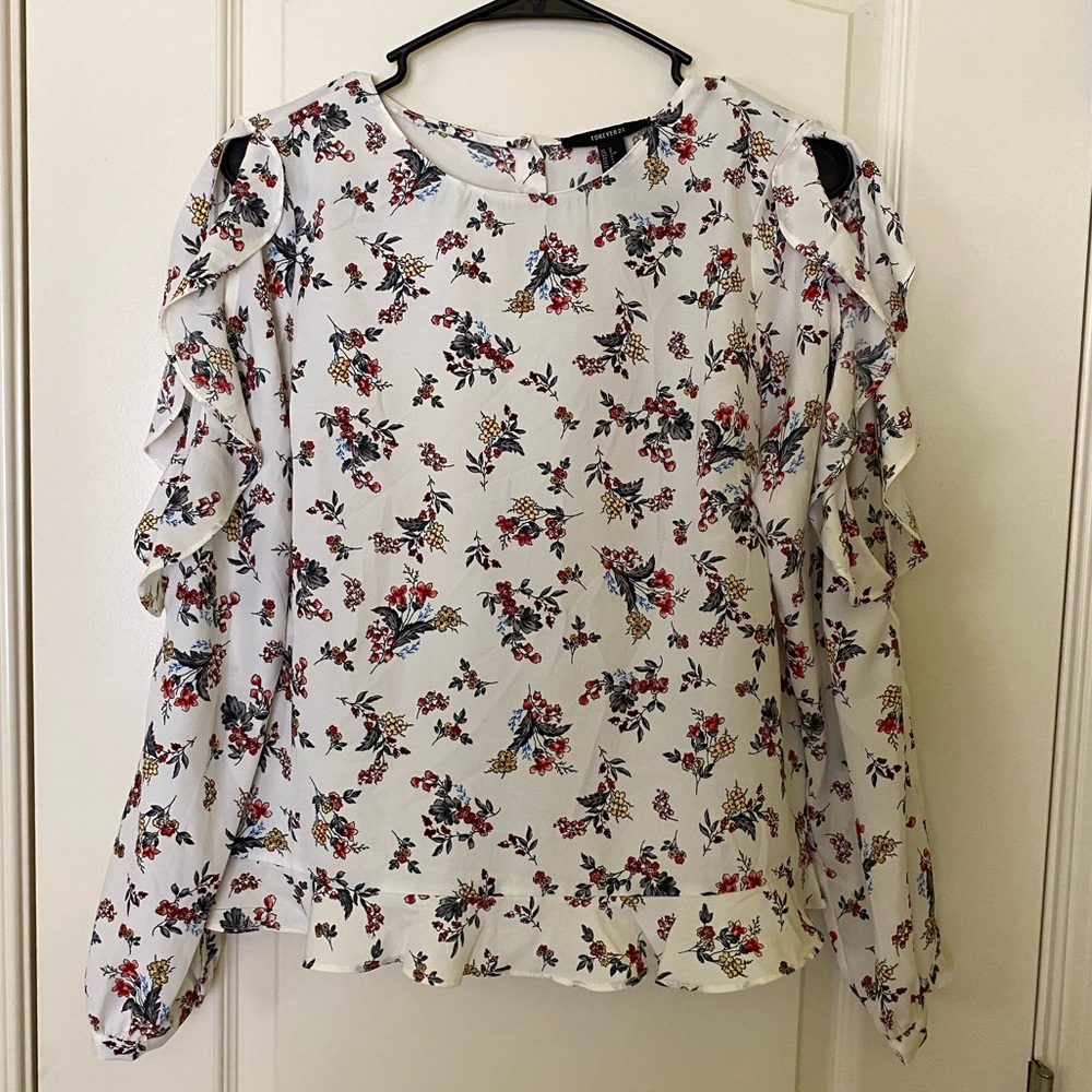 Forever 21 Floral Print Shoulder Cut Outs Blouse - White and Red